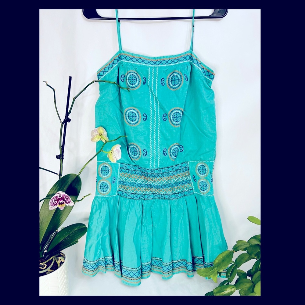 BCBGMAXAZRIA Light Teal • Spaghetti Strap • Embroidered Hippie Mini Dress